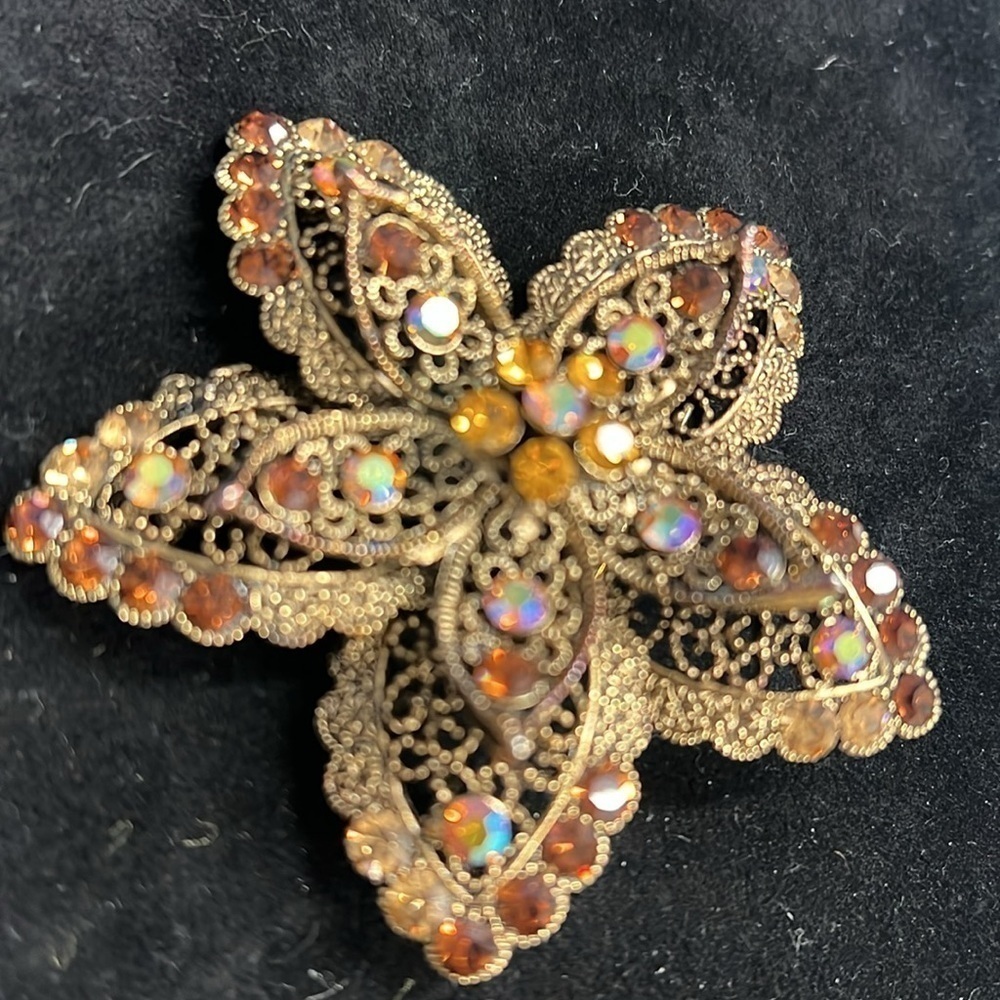 Copper Color Metal Brown Crystals Brooch Pin